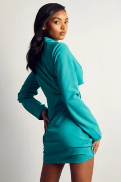 Ruched Cut Out Long Sleeve Blazer Shirt Dress -Ves Trendy Sales aqua ruched cut out long sleeve blazer shirt dress 2