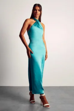 Satin Twist Neck Backless Midaxi Dress -Ves Trendy Sales aqua satin twist neck backless midaxi dress 3
