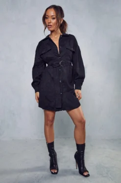Belted Cord Puff Sleeve Shirt Dress 8 Belted Cord Puff Sleeve Shirt Dress -Ves Trendy Sales black belted cord puff sleeve shirt dress 3