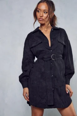 Belted Cord Puff Sleeve Shirt Dress 9 Belted Cord Puff Sleeve Shirt Dress -Ves Trendy Sales black belted cord puff sleeve shirt dress 4