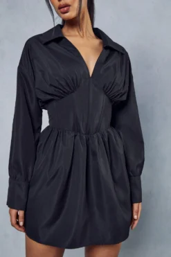 Corset Insert Plunge Shirt Dress -Ves Trendy Sales black corset insert plunge shirt dress 4