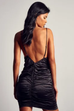 Crinkle Satin Ruched Cross Strap Mini Dress -Ves Trendy Sales black crinkle satin ruched cross strap mini dress 1 2