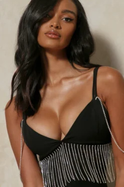 Diamante Mesh Insert Dress -Ves Trendy Sales black diamante mesh insert dress 4