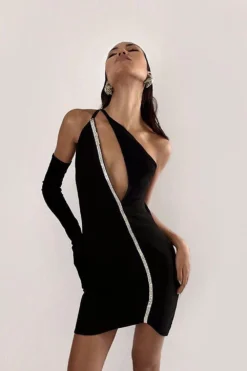 Diamante Trim Asymmetric Neck Mini Dress