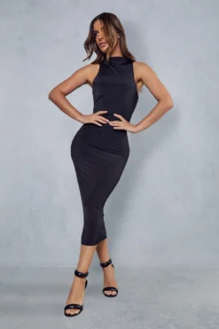 Double Layer High Neck Race Midi Dress -Ves Trendy Sales black double layer high neck race midi dress 1 3