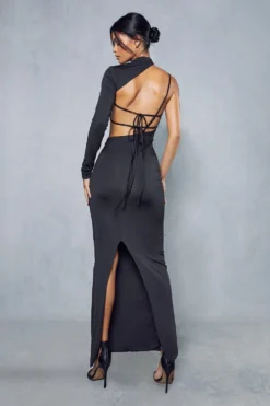 Double Layer Slinky Cut Out One Shoulder Maxi Dress -Ves Trendy Sales black double layer slinky cut out one shoulder maxi dress 2