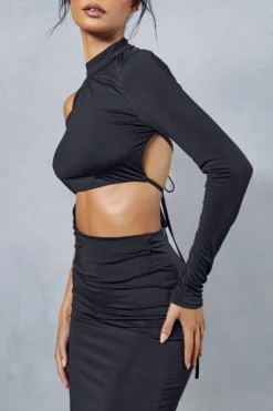 Double Layer Slinky Cut Out One Shoulder Maxi Dress -Ves Trendy Sales black double layer slinky cut out one shoulder maxi dress 5