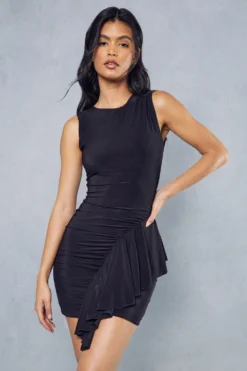 Double Layer Slinky Frill Draped Racer Neck Mini Dress