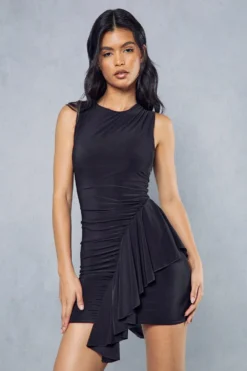 Double Layer Slinky Frill Draped Racer Neck Mini Dress -Ves Trendy Sales black double layer slinky frill draped racer neck mini dress 4