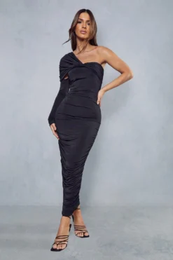 Double Layer Slinky One Shoulder Ruched Midaxi Dress