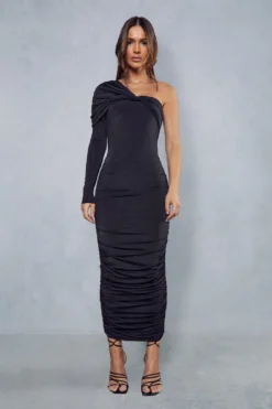 Double Layer Slinky One Shoulder Ruched Midaxi Dress 9 Double Layer Slinky One Shoulder Ruched Midaxi Dress -Ves Trendy Sales black double layer slinky one shoulder ruched midaxi dress 3