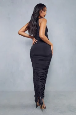 Double Layer Slinky Ruched Side Racer Maxi Dress -Ves Trendy Sales black double layer slinky ruched side racer maxi dress 2