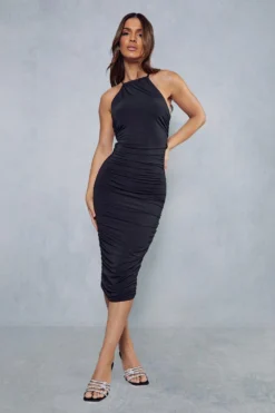 Double Layer Slinky Ruched Strappy Midi Dress -Ves Trendy Sales black double layer slinky ruched strappy midi dress 3