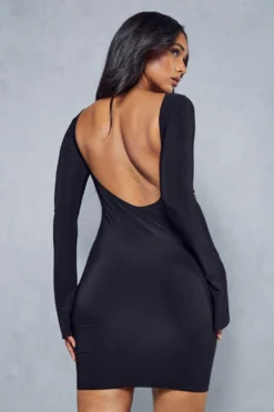 Double Layer Slinky Split Sleeve Low Back Mini Dress -Ves Trendy Sales black double layer slinky split sleeve low back mini dress 4
