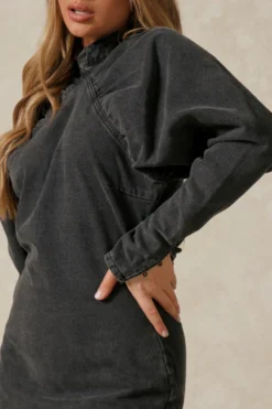 Extreme Puff Sleeve Denim Dress -Ves Trendy Sales black extreme puff sleeve denim dress 4