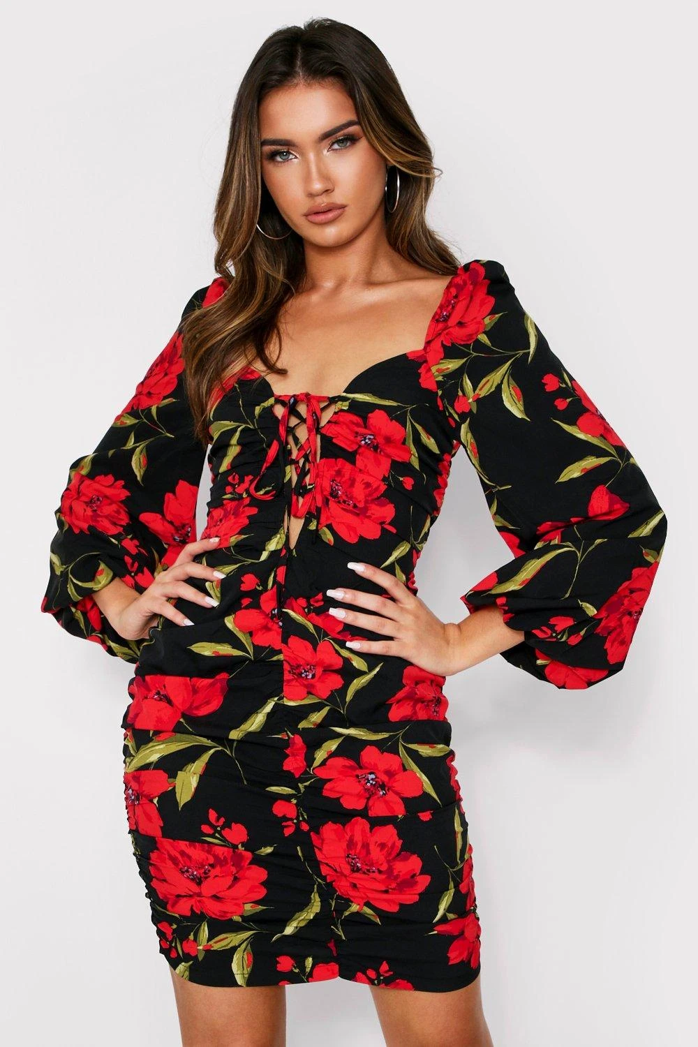 Floral Ruched Fruit Balloon Sleeve Dress 2 Floral Ruched Fruit Balloon Sleeve Dress - Image 2