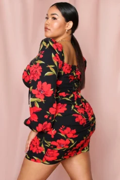 Floral Ruched Fruit Balloon Sleeve Dress 7 Floral Ruched Fruit Balloon Sleeve Dress -Ves Trendy Sales black floral ruched fruit balloon sleeve dress 2