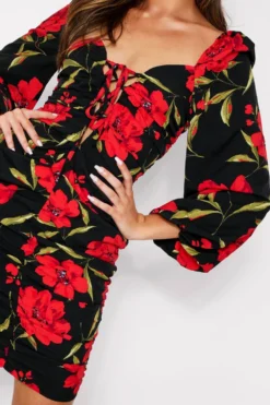 Floral Ruched Fruit Balloon Sleeve Dress 8 Floral Ruched Fruit Balloon Sleeve Dress -Ves Trendy Sales black floral ruched fruit balloon sleeve dress 3
