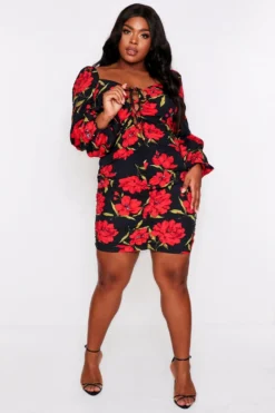 Floral Ruched Fruit Balloon Sleeve Dress 9 Floral Ruched Fruit Balloon Sleeve Dress -Ves Trendy Sales black floral ruched fruit balloon sleeve dress 4