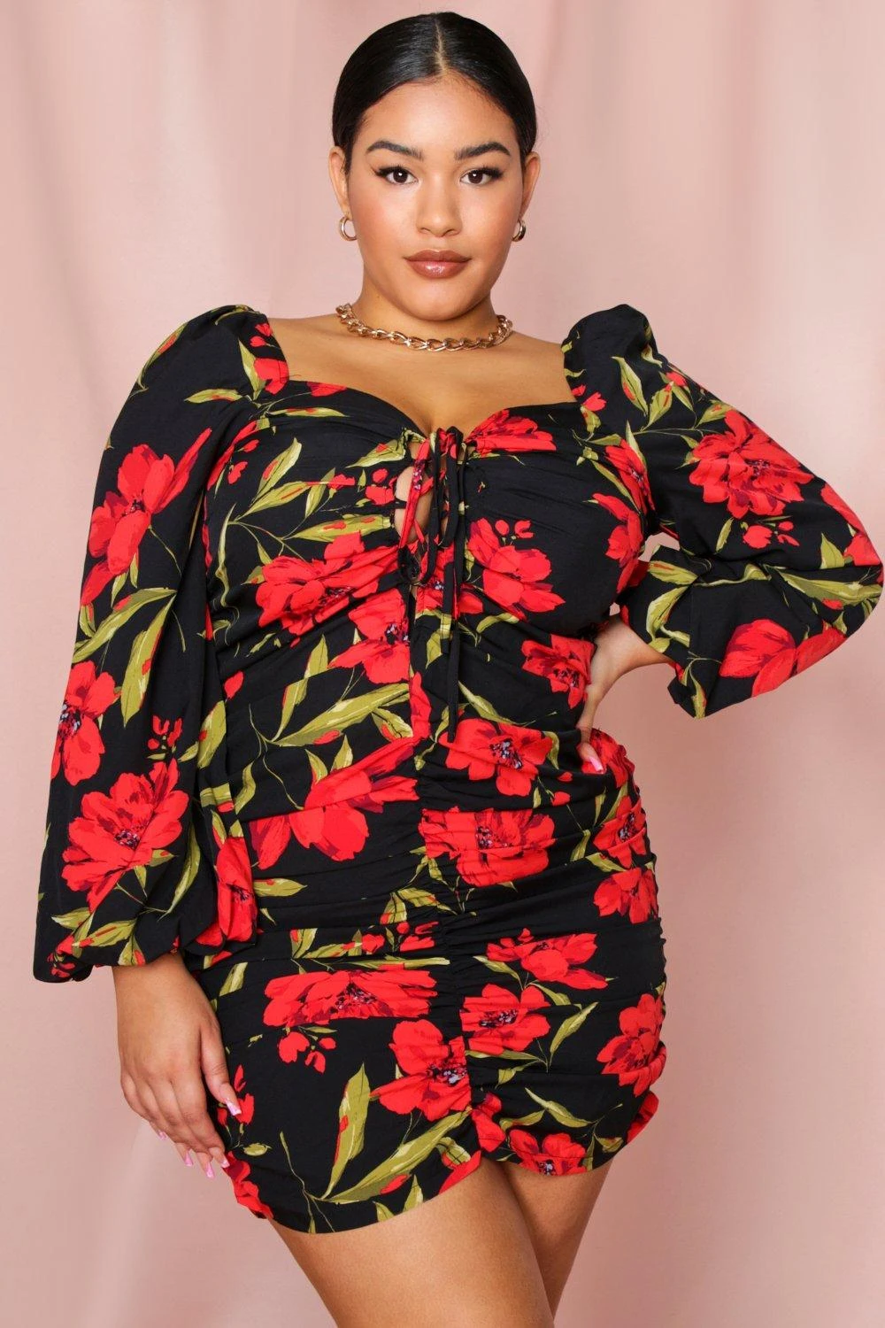 Floral Ruched Fruit Balloon Sleeve Dress 1 Floral Ruched Fruit Balloon Sleeve Dress