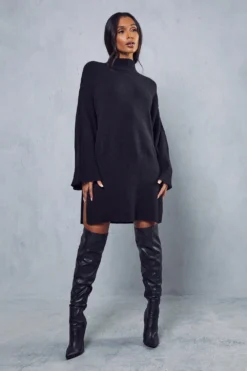 Flute Sleeve Knitted Mini Dress -Ves Trendy Sales black flute sleeve knitted mini dress 3
