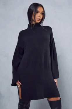 Flute Sleeve Knitted Mini Dress -Ves Trendy Sales black flute sleeve knitted mini dress 4