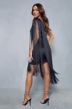 Fringed Tassle One Shoulder Mini Dress -Ves Trendy Sales black fringed tassle one shoulder mini dress 2