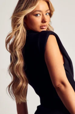 Ves Trendy Sales -Ves Trendy Sales black high neck knitted shoulder pad mini dress 1