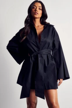 Kimono Sleeve Oversized Belted Shirt Dress