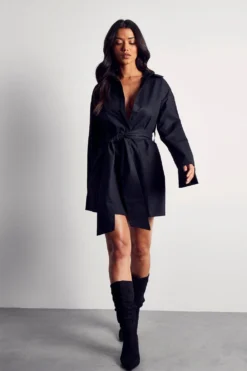 Kimono Sleeve Oversized Belted Shirt Dress -Ves Trendy Sales black kimono sleeve oversized belted shirt dress 3