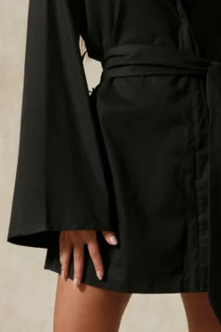 Kimono Sleeve Oversized Belted Shirt Dress -Ves Trendy Sales black kimono sleeve oversized belted shirt dress 5