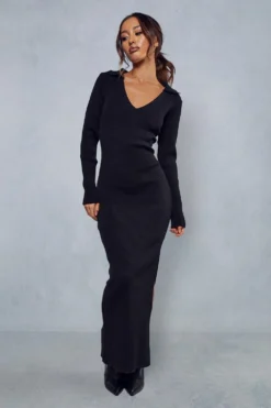 Knitted Collar Detail Split Maxi Dress 9 Knitted Collar Detail Split Maxi Dress -Ves Trendy Sales black knitted collar detail split maxi dress 3