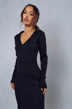 Knitted Collar Detail Split Maxi Dress 10 Knitted Collar Detail Split Maxi Dress -Ves Trendy Sales black knitted collar detail split maxi dress 4