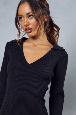 Knitted Collar Detail Split Maxi Dress 11 Knitted Collar Detail Split Maxi Dress -Ves Trendy Sales black knitted collar detail split maxi dress 5