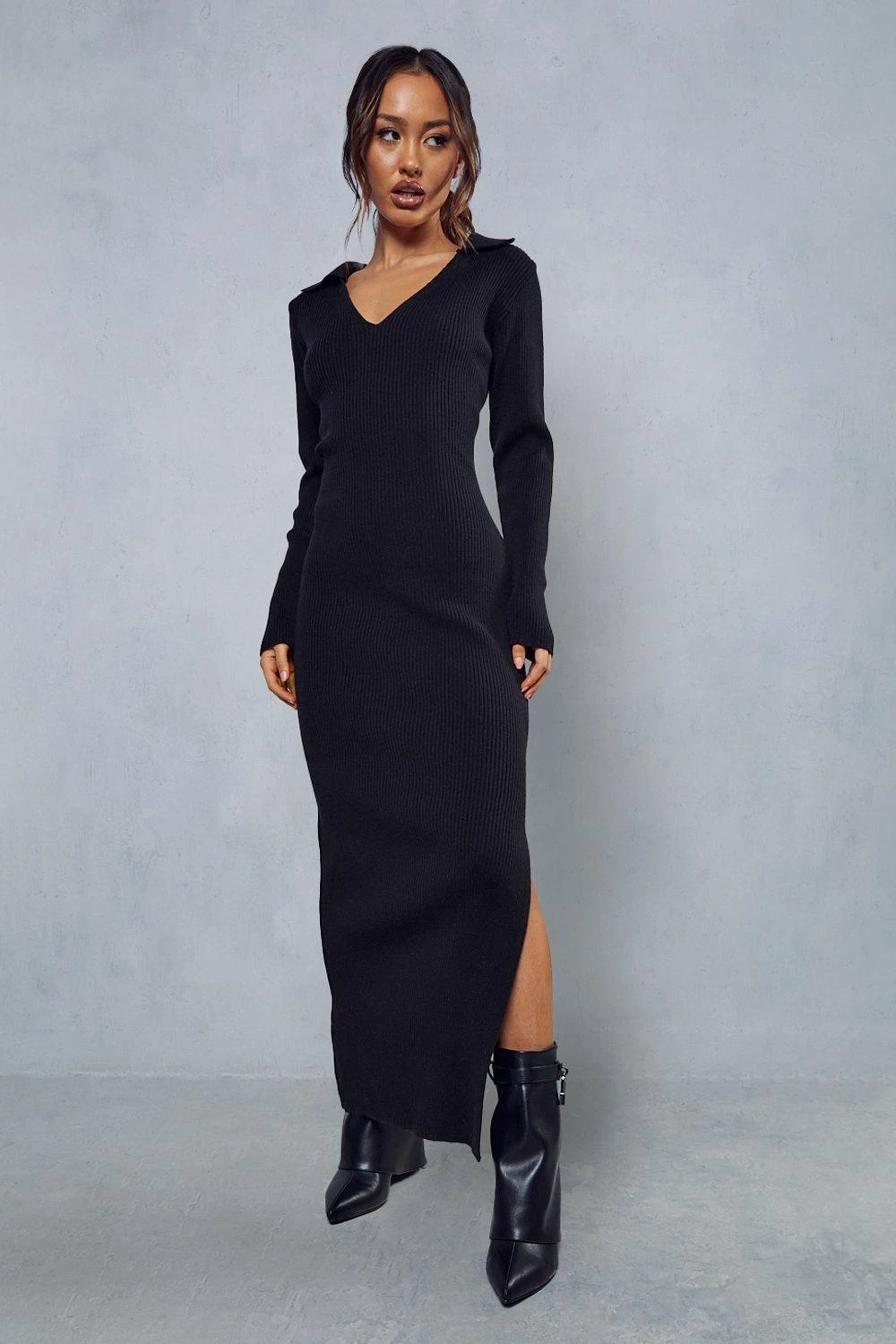 Knitted Collar Detail Split Maxi Dress 1 Knitted Collar Detail Split Maxi Dress