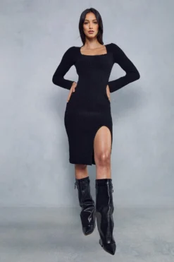 Knitted Split Leg Midi Dress -Ves Trendy Sales black knitted split leg midi dress 3