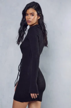 Lace Up Detail Rib Knit Mini Dress -Ves Trendy Sales black lace up detail rib knit mini dress 2