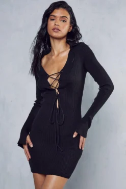 Lace Up Detail Rib Knit Mini Dress