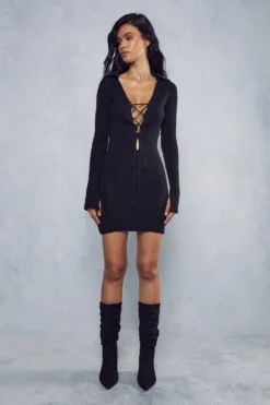 Lace Up Detail Rib Knit Mini Dress -Ves Trendy Sales black lace up detail rib knit mini dress 3