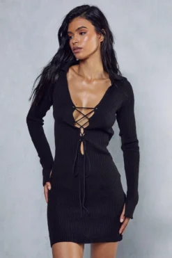 Lace Up Detail Rib Knit Mini Dress -Ves Trendy Sales black lace up detail rib knit mini dress 4