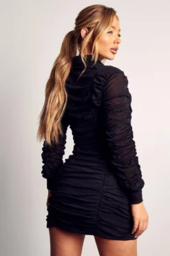 Mesh Ruched Button Down Shirt Dress -Ves Trendy Sales black mesh ruched button down shirt dress 2