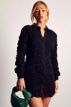 Mesh Ruched Button Down Shirt Dress -Ves Trendy Sales black mesh ruched button down shirt dress 4