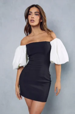 Monochrome Puff Sleeve Mini Dress -Ves Trendy Sales black monochrome puff sleeve mini dress 4
