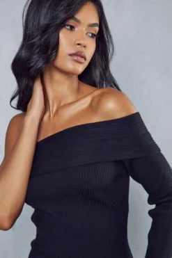 One Shoulder Rib Knit Mini Dress -Ves Trendy Sales black one shoulder rib knit mini dress 2