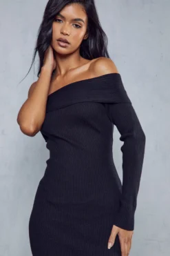 One Shoulder Rib Knit Mini Dress -Ves Trendy Sales black one shoulder rib knit mini dress 5