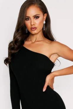 One Shoulder Ribbed Knit Dress -Ves Trendy Sales black one shoulder ribbed knit dress 3