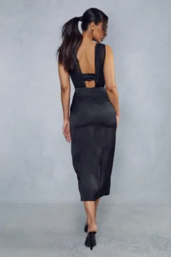 Pleated Plunge Split Leg Bodycon Midi Dress -Ves Trendy Sales black pleated plunge split leg bodycon midi dress 2