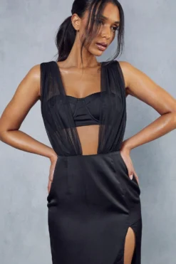 Pleated Plunge Split Leg Bodycon Midi Dress -Ves Trendy Sales black pleated plunge split leg bodycon midi dress 4