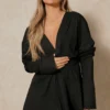 Plunge Front Gathered Sleeve Shirt Dress