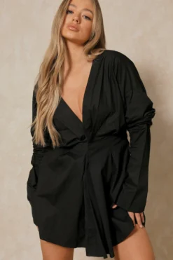 Plunge Front Gathered Sleeve Shirt Dress -Ves Trendy Sales black plunge front gathered sleeve shirt dress 4